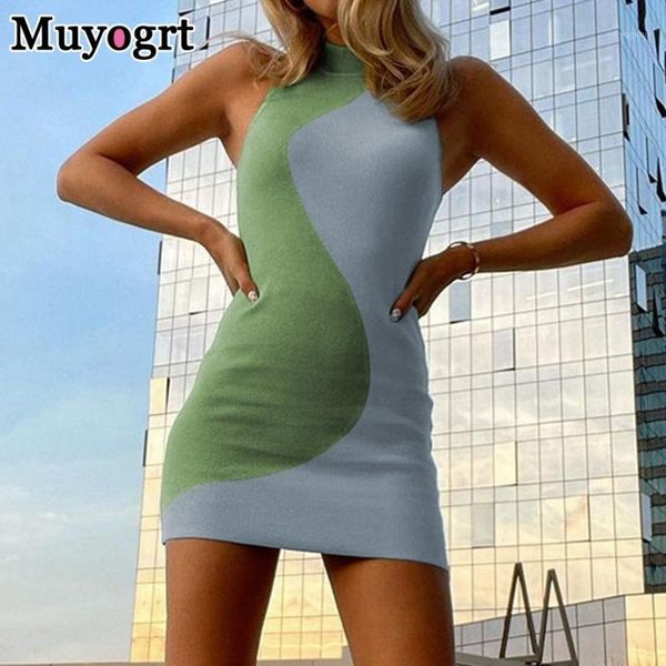 

muyogrt y2k knit bodycon dress women sleeveless 2021 summer beach turtleneck print patchwork party mini 90s holiday women's swimwear, White;black