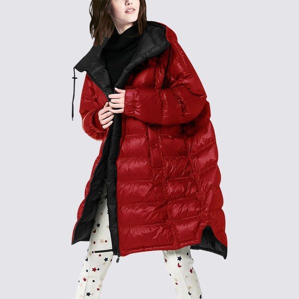 

fashion brand exotic red down jacket large size medium and long women's 2021 winter new fashion hooded, Black