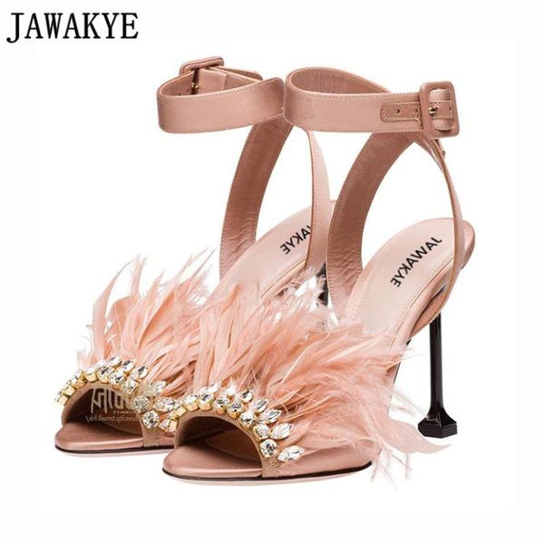 

gladiator satin sandals women thin high heels hairy feather crystal embellished 2021 rhinestone beach shoes sandalia feminina dress, Black