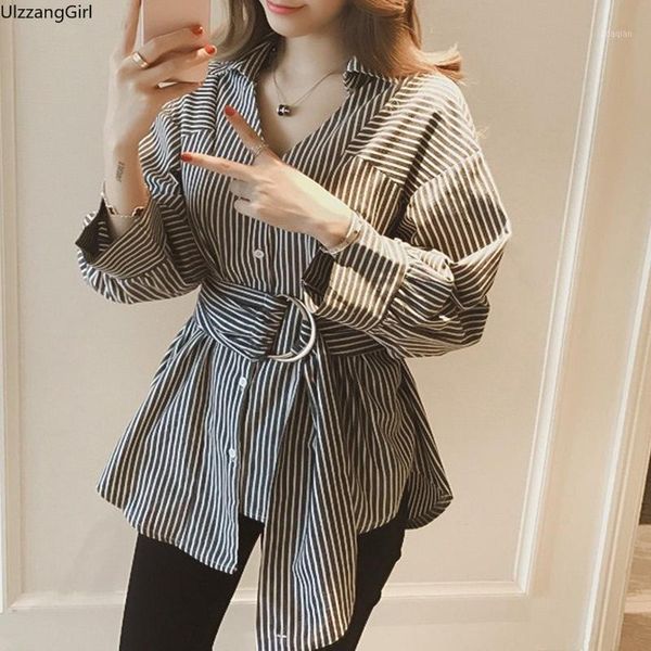 

plus size v-neck stripe high waist belt sashes shirt women korean office ol elegant slim irregular blouse fashion blusa women's blo, White
