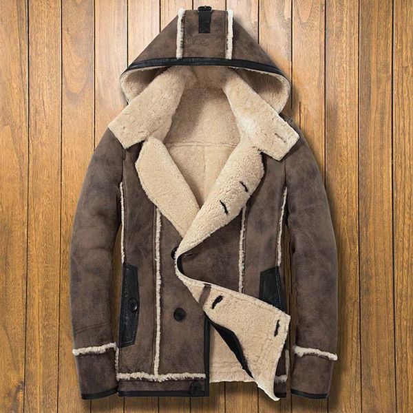 

men's leather & faux mens shearling coat b3 flight jacket hooded sheepskin overcoat short winter fur parkas, Black