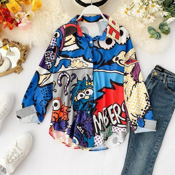 

women's blouses & shirts korean printed autumn lapel long-sleeved casual women single breasted blouse j214 r1bn, White