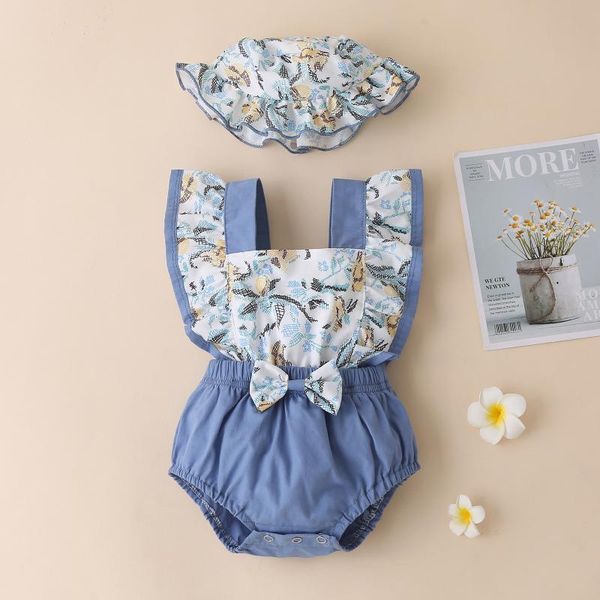 

clothing sets children cute romper baby girls sleevelessl floral print ruffled vest bodysuit+hat toddler casual outfits clothes, White
