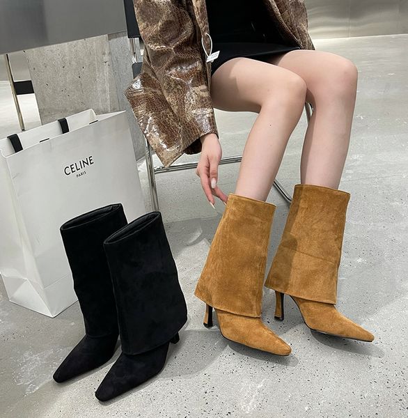 

2021 trendy pointed heel high-heeled versatile medium thin boots, celebriti, Black
