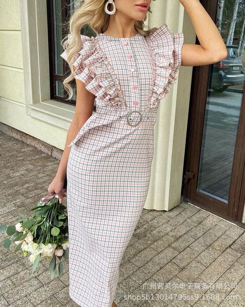 

casual dresses pink plaid women's dress 2021 ruffle with belt, Black;gray