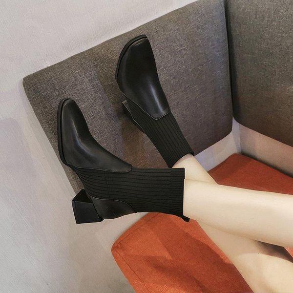 

boots square toe ankle autumn knitted elastic woman short fashion slip-on women women's soft leather botas mujer, Black