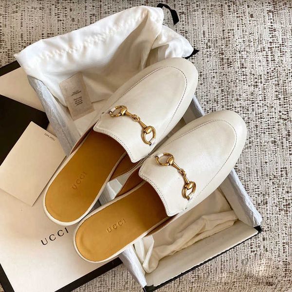 

g's white slippers women's 2021 summer baotou horse rank buckle single shoes rear air flat muller lefu, Black