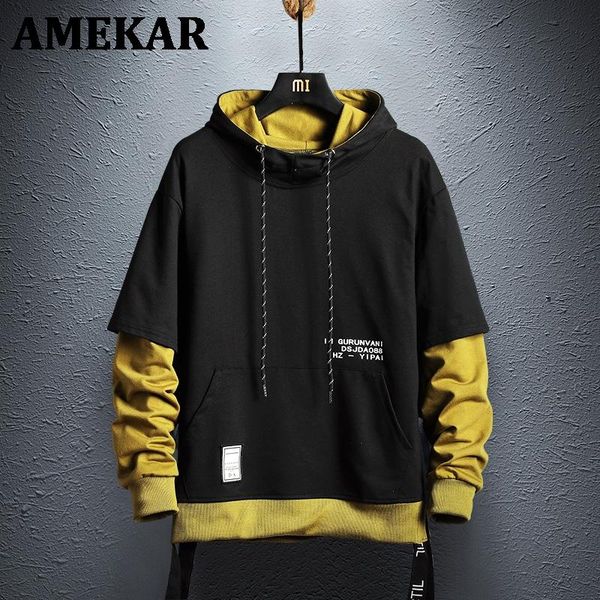 

men's hoodies & sweatshirts hoodie sweatshirt mens hip hop pullover streetwear casual fashion clothes colorblock cotton, Black