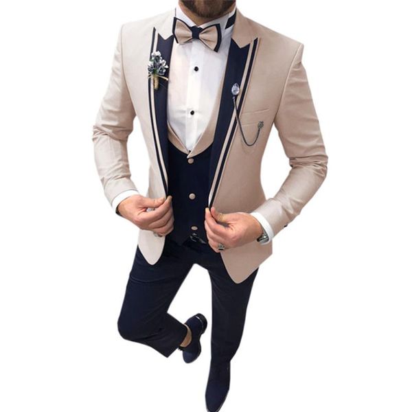 

men's suits & blazers 3 piece beige khaki lapel slim fit formal for wedding groomsmen tuxedos clothing blazer+vest+pant (no tie), White;black
