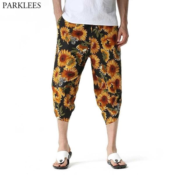 

men's harem pants hipster floral printed linen pants casual baggy elastic waist drawstring gym sports shorts 3/4 pants 3xl 210522, Black