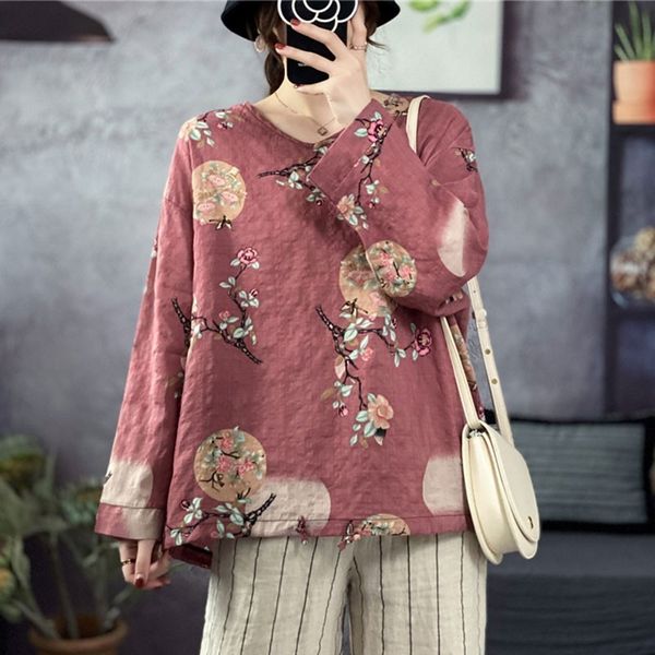 

women cotton linen casual t-shirts new spring vintage style v-neck floral print loose female long sleeve tees s2981 210412, White