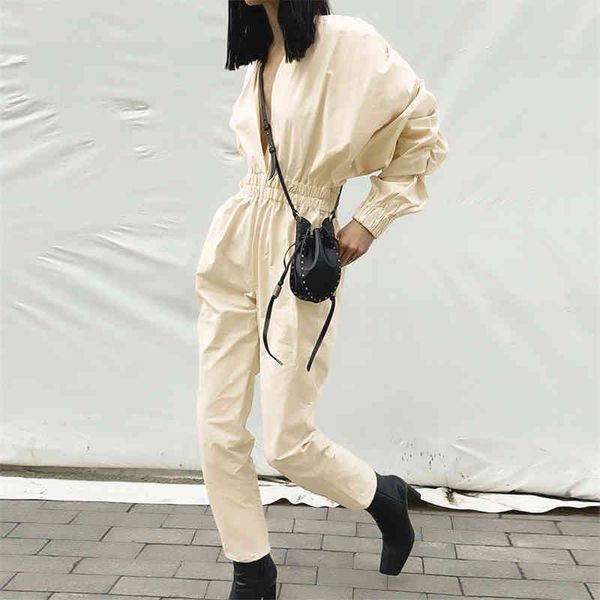 

paris girl autumn jumpsuit women long sleeve fashion rompers v-neck pleated puff temperament pants overalls 210524, Black;white