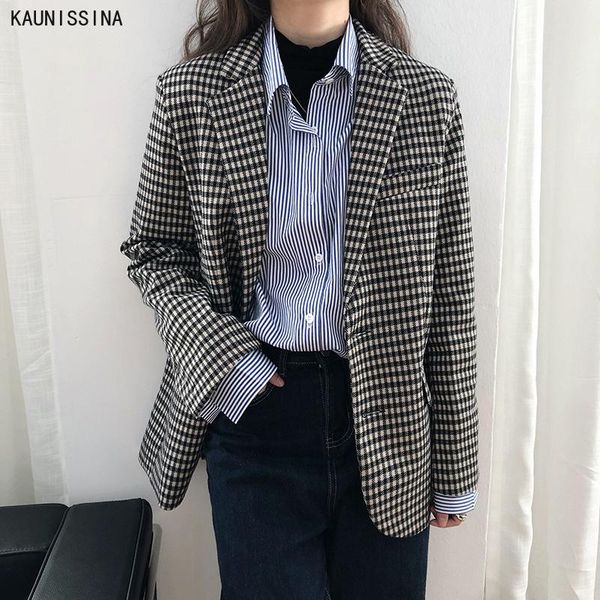 

korean plaid women work blazer jacket casual single-breasted suit lady office notched collar autumn spring outwear women's suits & blaz, White;black