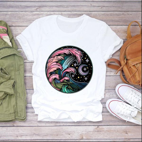 

cartoon moon wave printing womens t shirts fashion short sleeve graphic print tee, White