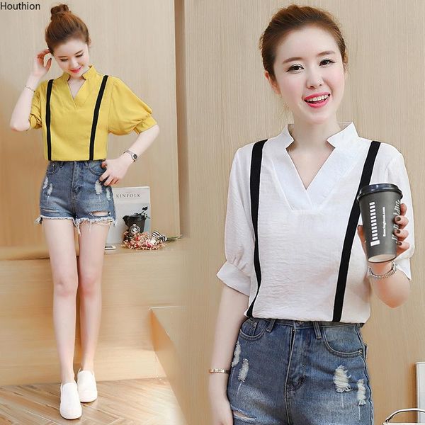 

women's blouses & shirts houthion fashion short sleeve vertical stripes v-neck shirt summer casual blouse chiffon slim, White