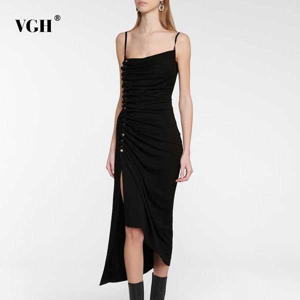 

vgh black knitting sling dress for women square collar sleeveless ruched slim split party midi dresses female clothing 210421, Black;gray