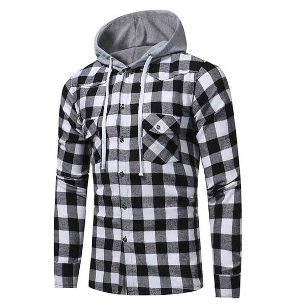 

men's casual shirts autumn winter plaid single breasted hoodies draw string front pocket hoody hip hop men clothing chemise homme, White;black