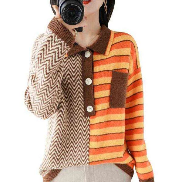 

autumn and winter 2021 korean striped plaid knitted lapel single breasted viscose cardigan temperament commuter sweater women, White;black