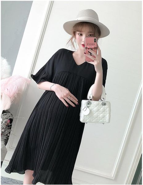

maternity dresses dress v-neck summer pleated solid color fashion large size pregnant women version, White