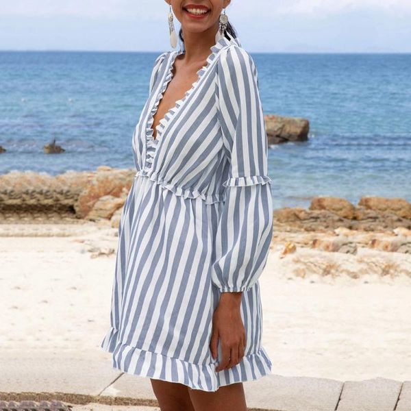 

casual dresses 2021 women's long sleeve striped v-neck beach style and floor skirt loose fashion dress pukeutua, Black;gray