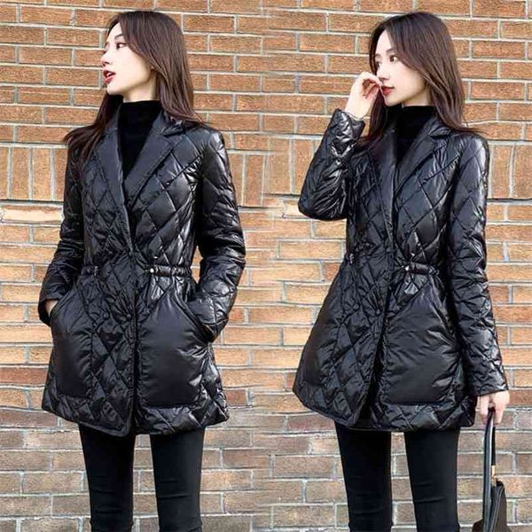 

bright surface suit collar coat outwears female warm thick down elastic waist coats 90% white duck 210510, Black