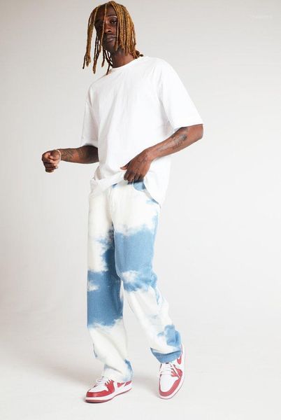 Herrenjeans Loose Grind White Water Wash Straight Hose Sky Pattern Tie-Dye Blue