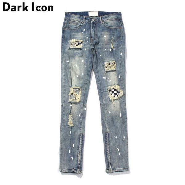 

ripped plaid patch jeans men high street ankle zipper men's jeans regular style destroyed denim pants men 210603, Blue