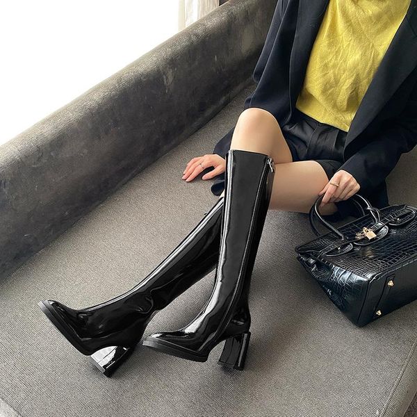

boots round toe women's office 2021 fall winter knee high heels wide leg side zipper est slim long shoes woman, Black