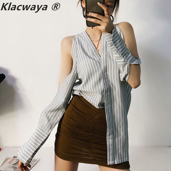 

shirt blouse women striped button up camisa larga v-neck long sleeve bare shoulders bluzki damskie letnie de mujer 210521, White