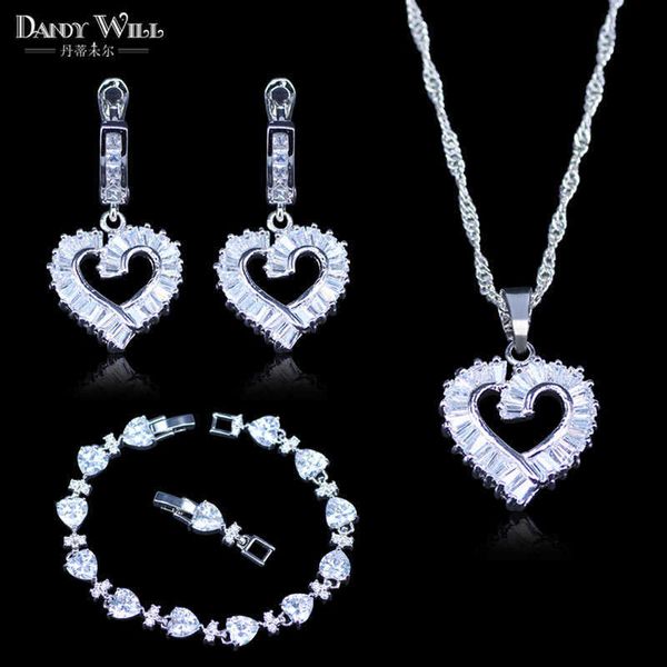 Globale popolare puro stile di amore bianco cristallo bianco zircone set di gioielli per le donne cuore braccialetti quadrati ciondolo orecchino pendente H1022