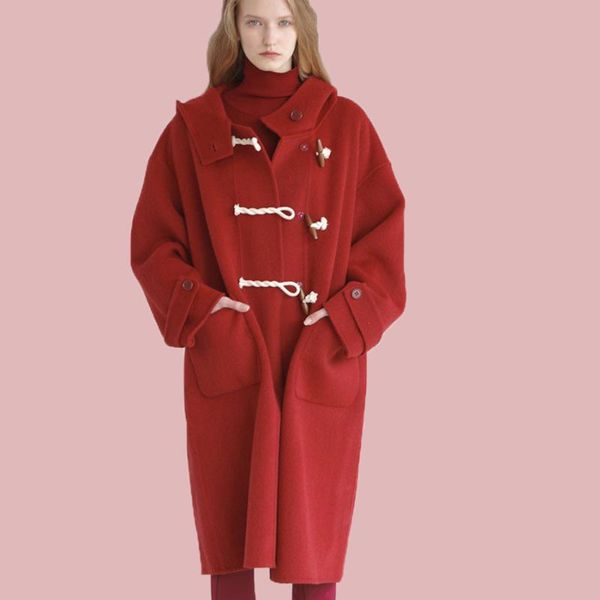 

women's wool & blends winter clothes for women woolen coat red horn buckle coats womens christmas year style y2k tweed jacket, Black