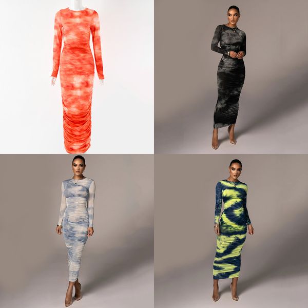 

dulzura tie dye print women long sleeve ruched midi dress o neck bodycon streetwear 2020 autumn winter clothes slim club x0521, Black;gray