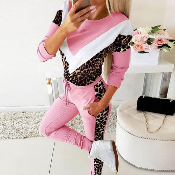 

women's two piece pants v pattern sporty o neck leopard patchwork sweatshirt sweatpants for running, White