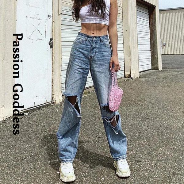 

women's jeans spring autumn harajuku hollow out denim pants women vintage loose high waist cool shredded long pantalon ripped 2021, Blue