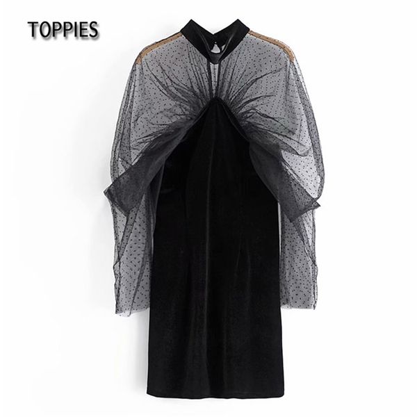 

party dresses women long sleeve spliced mesh dress midi chic ladies vestidos puff sleeve see through clothes 210421, Black;gray