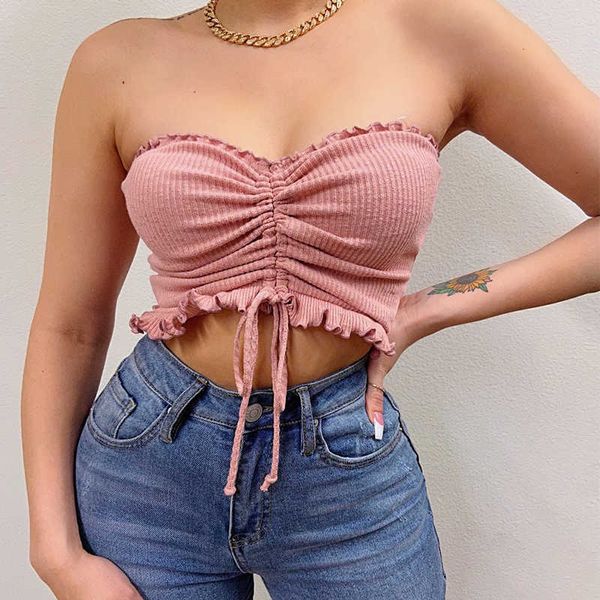 2021 Sexy Lace Ruffle Ruched Mulheres Colheita Plus Size Top Summer Wear Y2K Sólido Harajuku Mulheres t - shirts Tubo das mulheres Corset Y0622