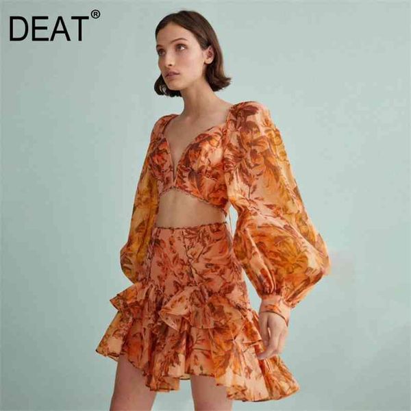 

[deat] v-neck lantern long sleeve back cross tie jacket cake skirt print suit 2 piece sets womens outfits summer 210430, White