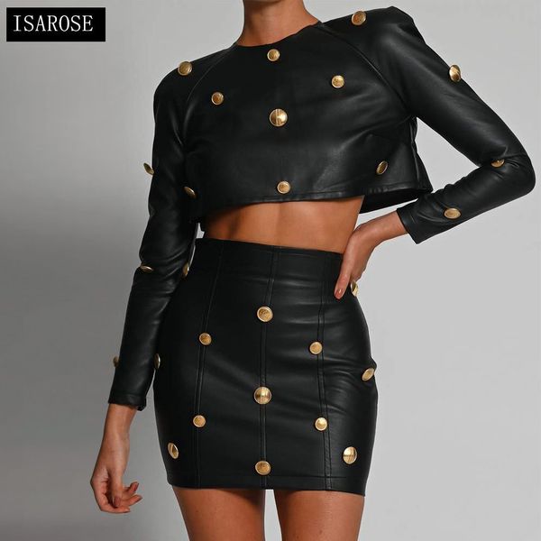 Isarose Deri Elbise Setleri Altın Düğmeler Uzun Kollu Mahsul Tops Yüksek Bel Bodycon Mini Elbiseler Kadın Moda Streetwear 210422