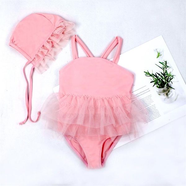 

clothing sets baby girl swimsuit romper dress lace hem no-sleeve sling beach clothes summer up swimming cap, White