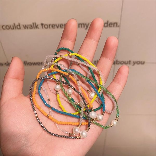 

beaded, strands 1pc small pearl crystal beads bracelet thin glass handmade elastic string bangles bracelets for women girls, Black
