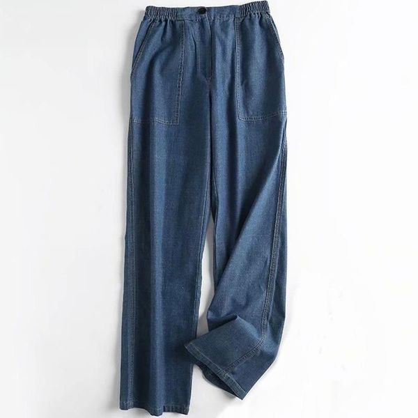 

women's jeans onebling washed blue denim pant 2021 summer autumn elastic high waist patch pockets women female loose straight pants