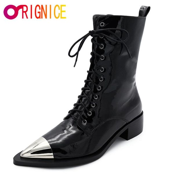 

boots orignice women ankle natural leather upper autumn pointed metal cover toe thick heel fashion classic europe shoes, Black