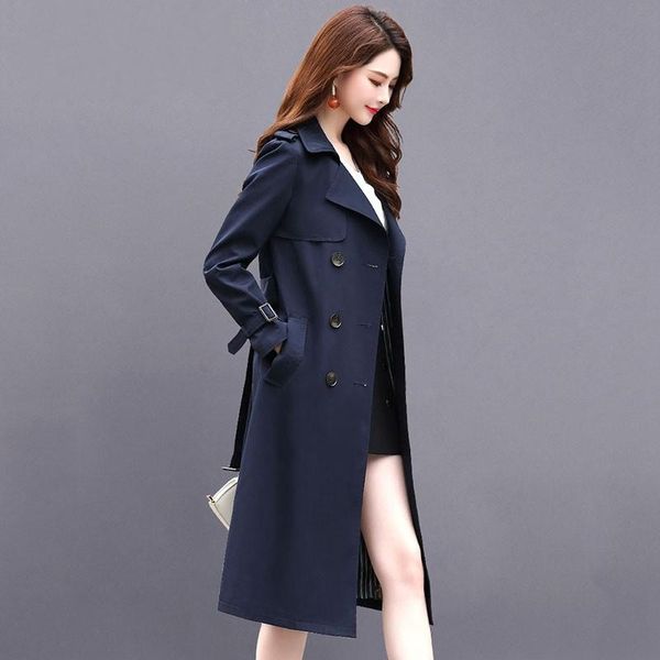 

women's trench coats autumn winter women turn-down collar double breasted office lady windbreaker long with belt outerwear, Tan;black