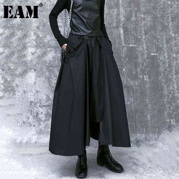 

[eam] high elastic waist black buckle split joint irregularhalf-body skirt women fashion tide new spring autumn 1da108 210412