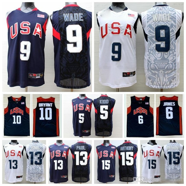

basketball jersey 2012 us olympic games dream team 5 kidd 6 james 9 wade 10 bryant 13 paul 15 anthony jerseys men embroidery white blue, Black