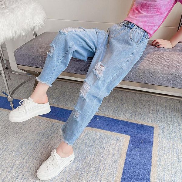

jeans girls hole spring summer teenage girl loose denim pants kids trousers children clothing for 6-16year, Blue