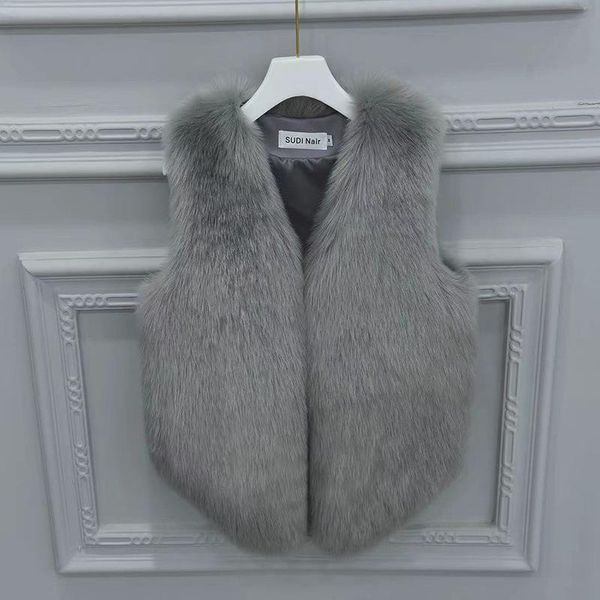 

women's vests 2022 new fashion short imitation rabbit hair women plush vest autumn winter warm vest invisible button grey khaki, Black;white