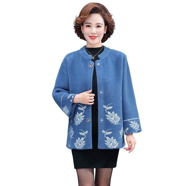 

women's fur & faux autumn winter coat women quality imitation mink cashmere woolen jacket middle aged female casual knitted jacquard lo, Black