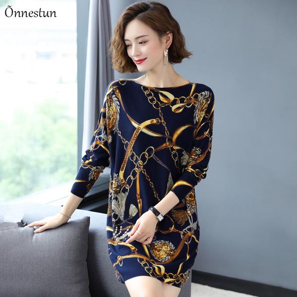 

women's sweaters long sweater dress autumn fashion sleeve pullovers print knitwear jumper plus size soft women, White;black
