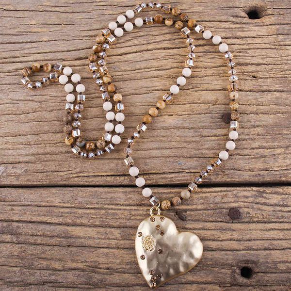 

rh fashion bohemian jewelry accessory 6mm multi natural stones /crystal knotted metal heart pendant necklaces for women gift, Silver